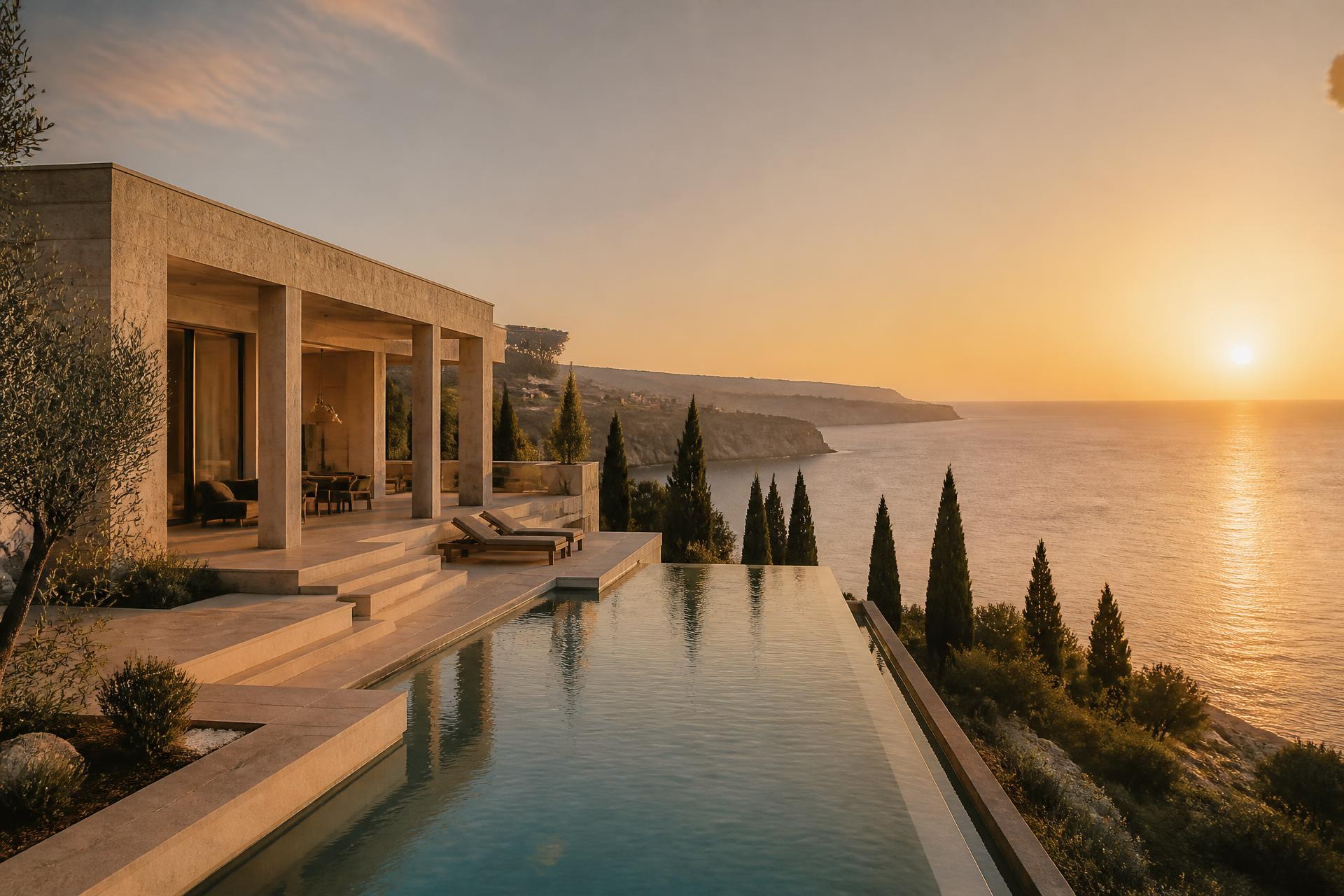 Luxury cliffside villa with infinity pool overlooking the Cyprus coastline at sunset